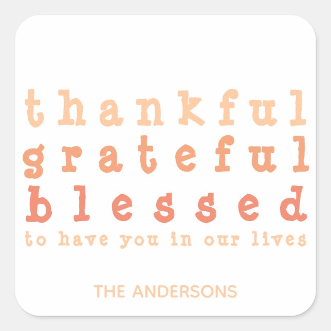 Orange Thankful Grateful Blessed Thanksgiving Square Sticker (Front)