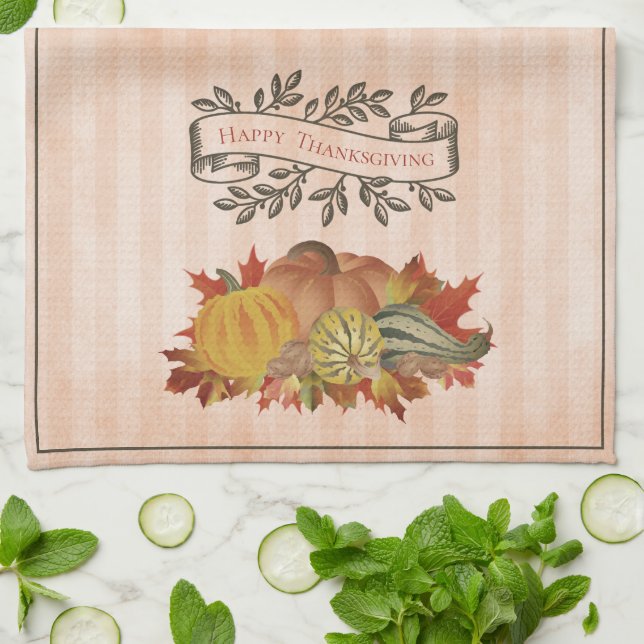 Orange Thanksgiving Pumpkins and Squash Kitchen Towel (Folded)