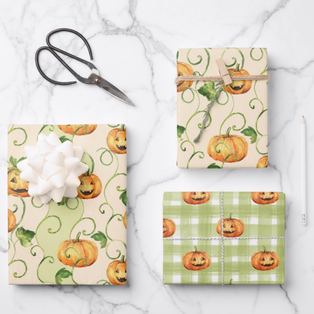 ORANGE THANKSGIVING PUMPKINS WITH GREEN LEAVES WRAPPING PAPER SHEETS (Front)