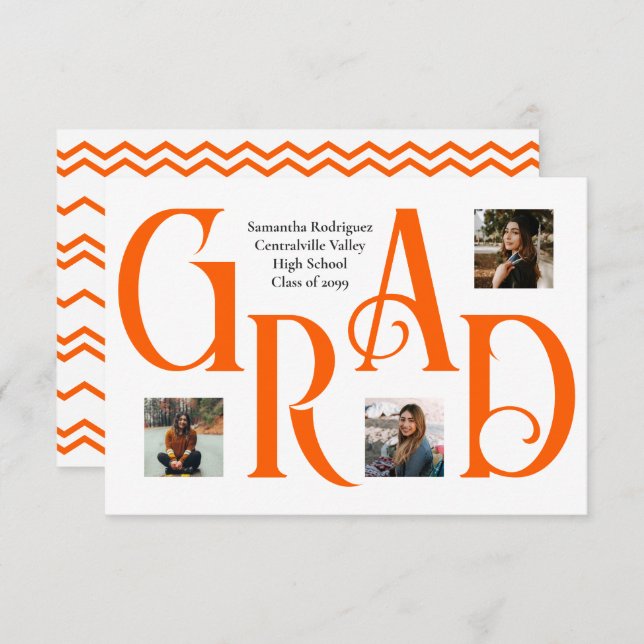 Orange Three-Photo Classic & Bold GRAD Letter Announcement (Front/Back)