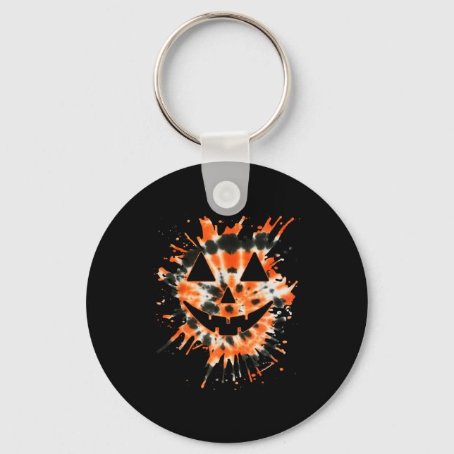 Orange Tie Dye Jack O Lantern Face - Hipe Hallowee Keychain (Front)