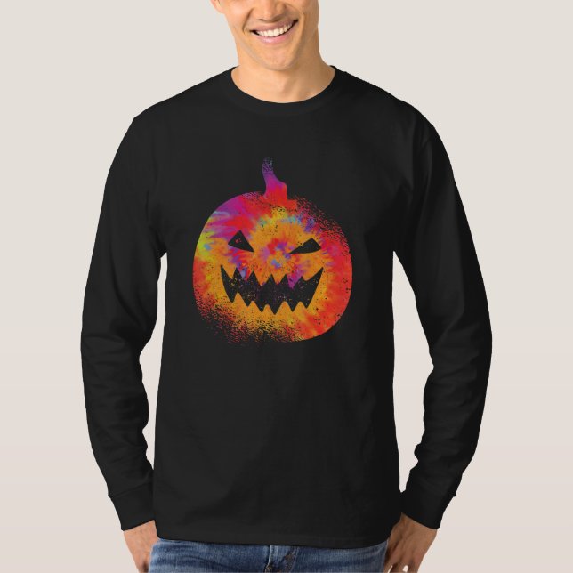 Orange Tie Dye Pumpkin Face Jack O Lantern Hallowe T-Shirt (Front)