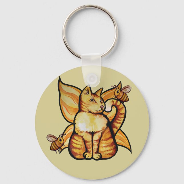 Orange tiger Fairy Cat Bees summertime kitty cats  Keychain (Front)