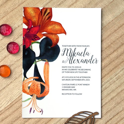 Orange Tiger Lilies Navy Blue Magenta Fall Wedding Invitation