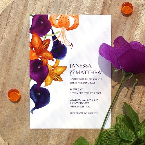 Orange Tiger Lilies Plum Purple Blue Wedding Invitation