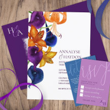 Orange Tiger Lilies, Plum Purple, Blue Wedding