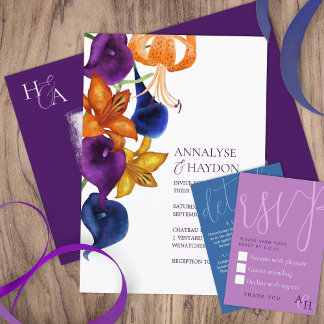 Orange Tiger Lilies, Plum Purple, Blue Wedding Invitation