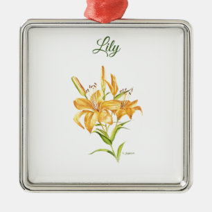 Orange tiger lily floral watercolor metal ornament