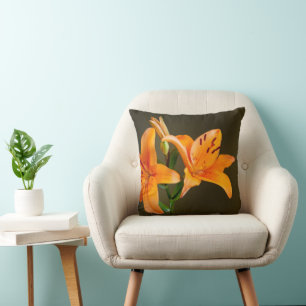Orange Tiger Lily Flowers and Buds Close-Up Throw Pillow