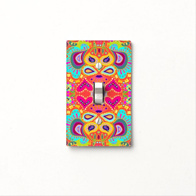 Orange TIKI Monkey Face - Crazy Paisley Tropical Light Switch Cover (In Situ)