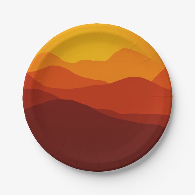 Orange Tones Sunset over Mountain Silhouettes Paper Plates (Front)