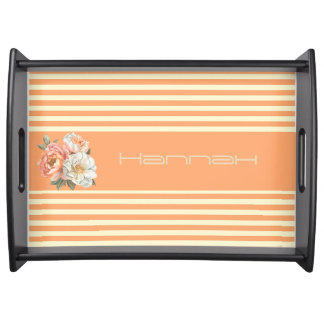 Orange Top with Cream Stripes Floral  Serving Tray