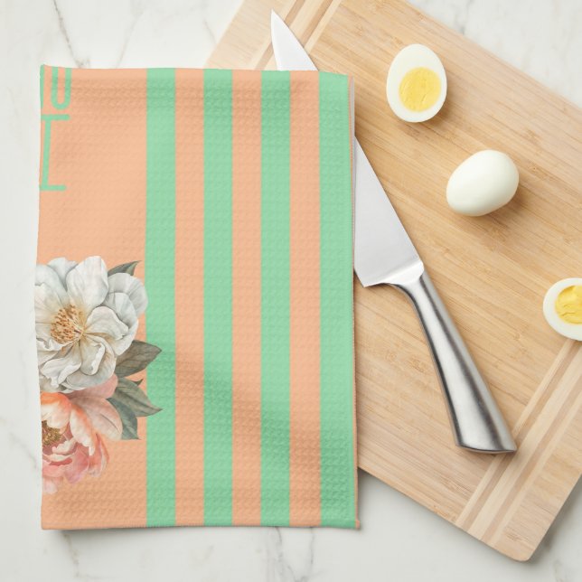 Orange Top with Mint Stripes Floral  Kitchen Towel (Quarter Fold)