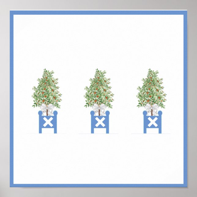 Orange Topiary Blue White Planter Box art print  (Front)