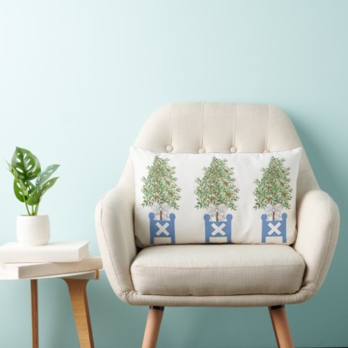 Orange Topiary Blue White Planter Box Lumbar Pillow