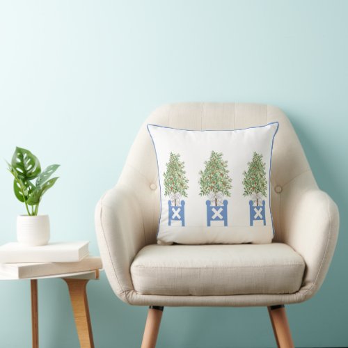 Orange Topiary Blue White Planter Box  Throw Pillow