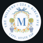 Orange Topiary Chinoiserie Monogram Address Classic Round Sticker<br><div class="desc">This sticker has a preppy grandmillennial design featuring a bamboo crest with orange topiaries in  Chinoiserie pots. You can personalize with your initial,  name and address.</div>