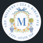 Orange Topiary Chinoiserie Monogram Address Classic Round Sticker<br><div class="desc">This sticker has a preppy grandmillennial design featuring a bamboo crest with orange topiaries in  Chinoiserie pots. You can personalize with your initial,  name and address.</div>