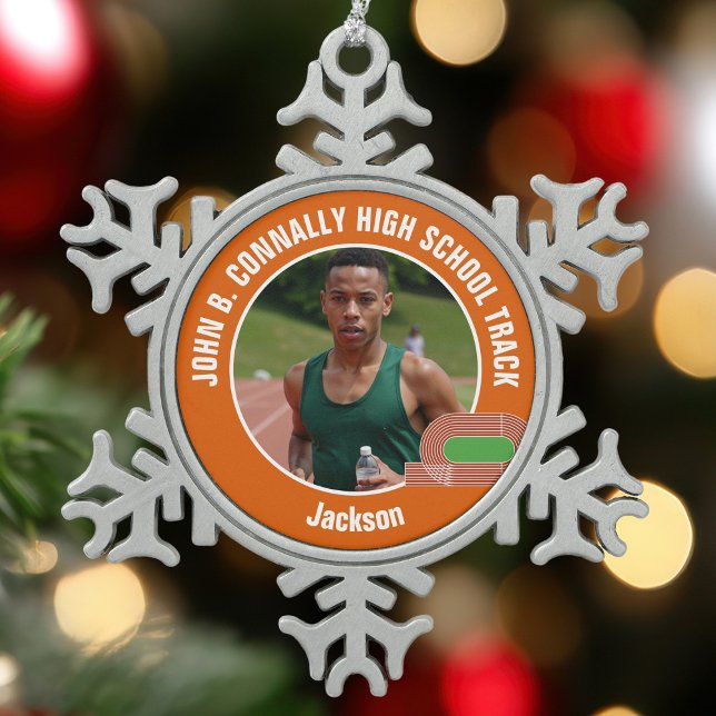 Orange Track & Field Photo High School Athlete Snowflake Pewter Christmas Ornament (Creator Uploaded)
