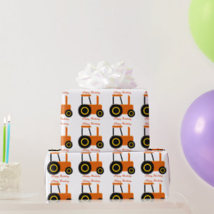 Orange Tractor Birthday Wrapping Paper