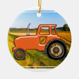 Orange Tractor  in the Fields Ceramic Ornament