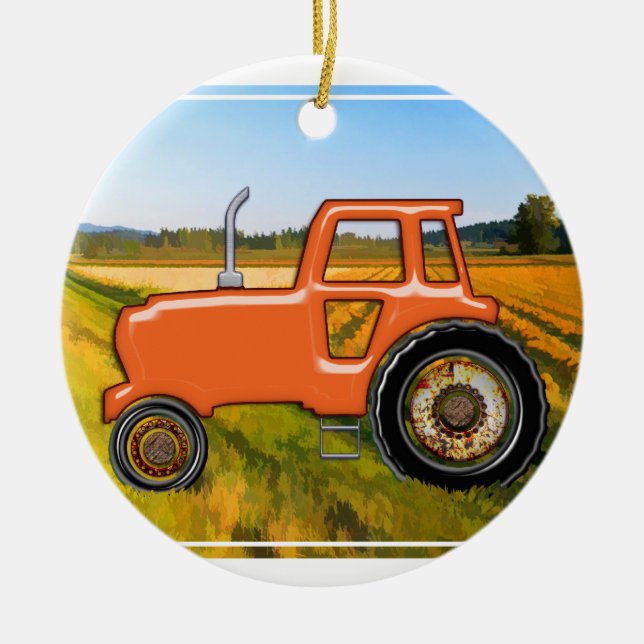 Orange Tractor  in the Fields Ceramic Ornament (Front)