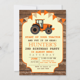 Orange Tractor Invitation, Farm Birthday Invitation