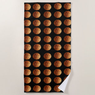 Orange Traditional Basketballs On Black, Beach Towel