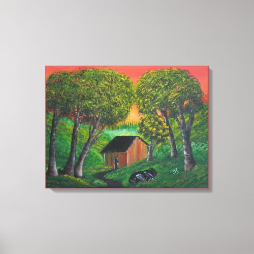 Orange Trapper Shack Wood Forest Landscape Canvas Print