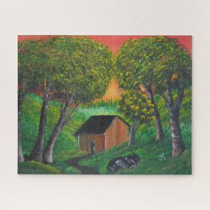Orange Trapper Shack Wood Forest Landscape Jigsaw Puzzle