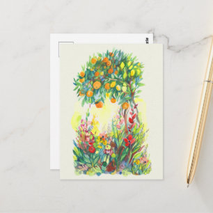 Orange tree and flowers watercolor painting postcard
