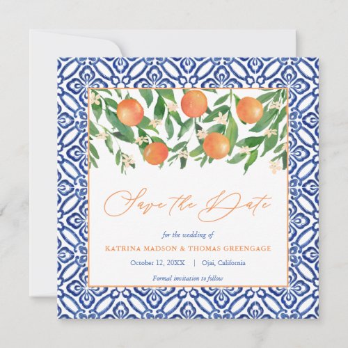 Orange Tree Citrus Wedding Mediterranean Blue Tile Save The Date