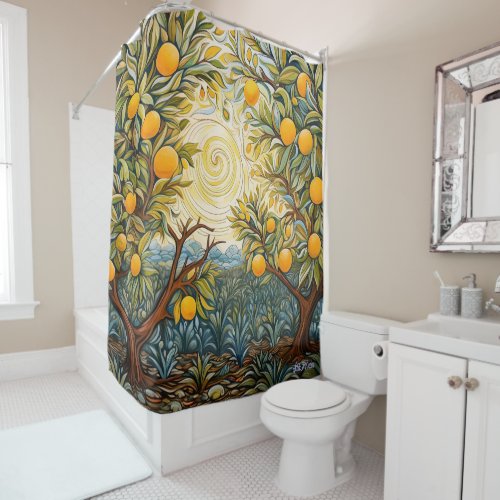 orange tree forest with sunset shower curtain