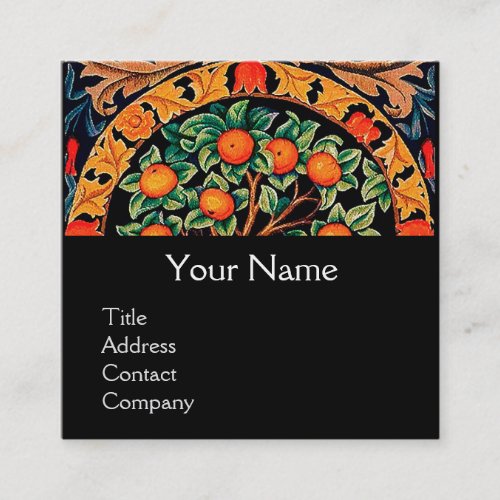 ORANGE TREE GREEN LEAVESFLOWERS Floral Black Square Business Card