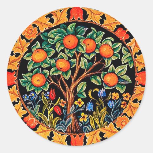 ORANGE TREE WITH GREEN LEAVESFLOWERS CLASSIC ROUND STICKER