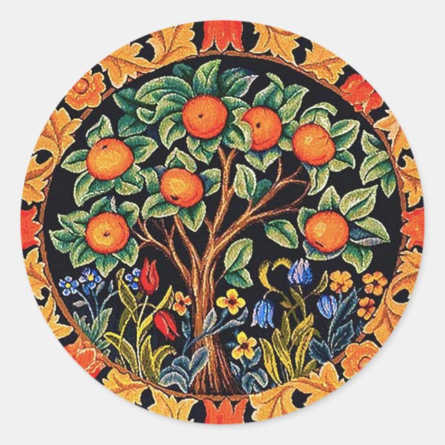 ORANGE TREE WITH GREEN LEAVES,FLOWERS CLASSIC ROUND STICKER (Front)