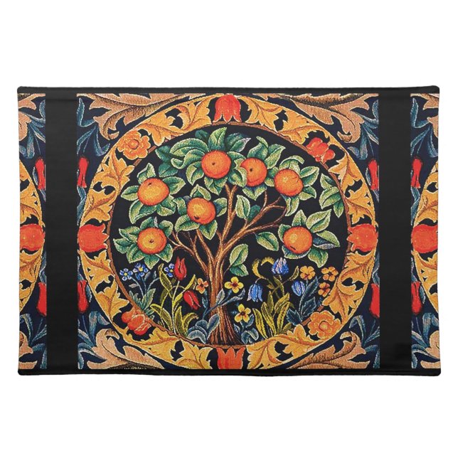 ORANGE TREE WITH GREEN LEAVES,FLOWERS CLOTH PLACEMAT (Front)