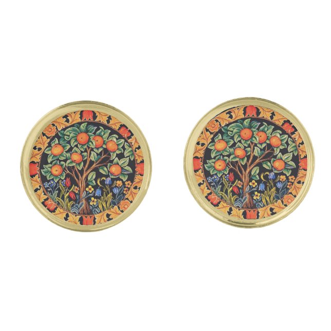 ORANGE TREE WITH GREEN LEAVES,FLOWERS CUFFLINKS (Front)