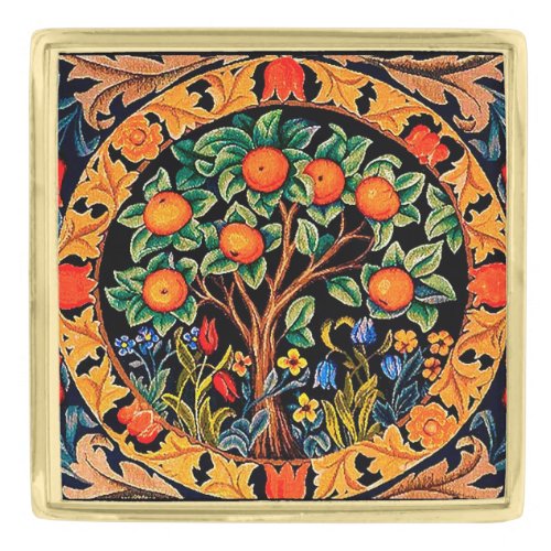ORANGE TREE WITH GREEN LEAVESFLOWERS GOLD FINISH LAPEL PIN