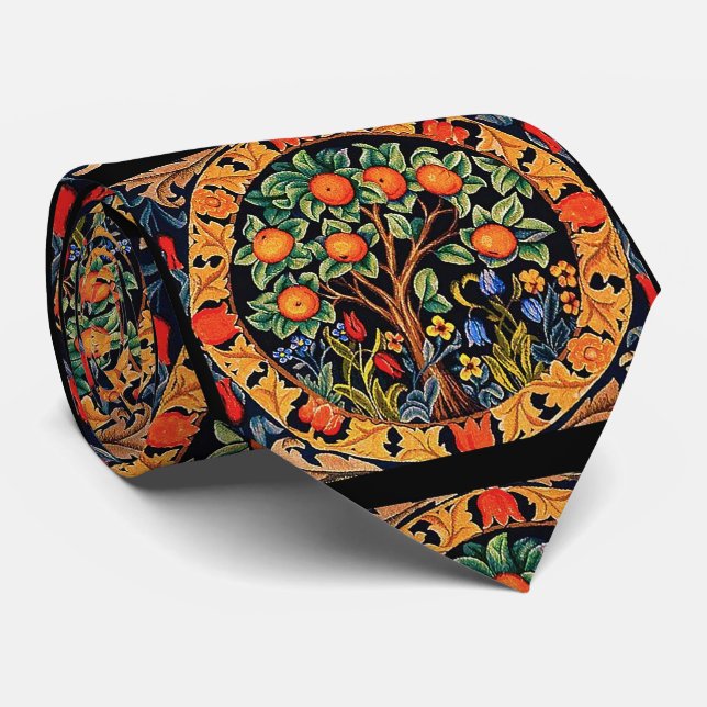 ORANGE TREE WITH GREEN LEAVES,FLOWERS NECK TIE (Rolled)