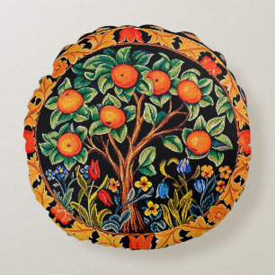ORANGE TREE WITH GREEN LEAVES,FLOWERS ROUND PILLOW