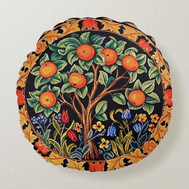 ORANGE TREE WITH GREEN LEAVES,FLOWERS ROUND PILLOW (Front)