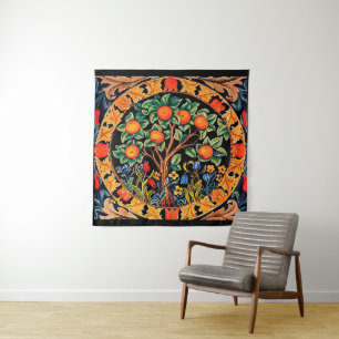 ORANGE TREE WITH GREEN LEAVES,FLOWERS TAPESTRY