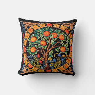 ORANGE TREE WITH GREEN LEAVES,FLOWERS THROW PILLOW