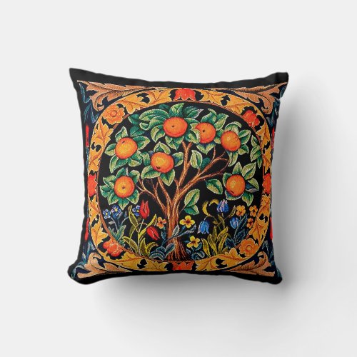ORANGE TREE WITH GREEN LEAVESFLOWERS THROW PILLOW