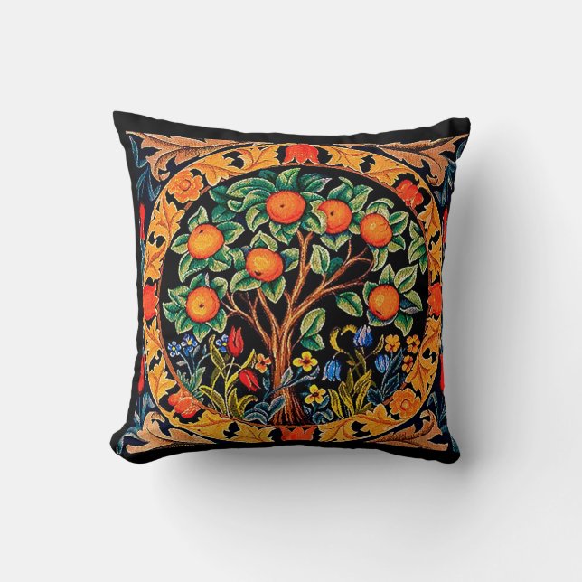 ORANGE TREE WITH GREEN LEAVES,FLOWERS THROW PILLOW (Front)