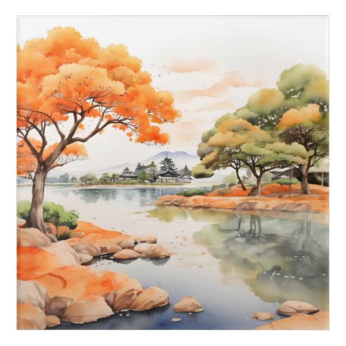 orange trees around a small lake acrylic print