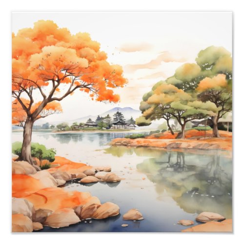 orange trees around a small lake photo print