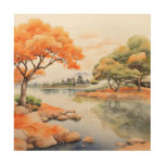 orange trees around a small lake wood wall art