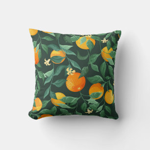 Orange trees, branches with flowers on a green bac throw pillow